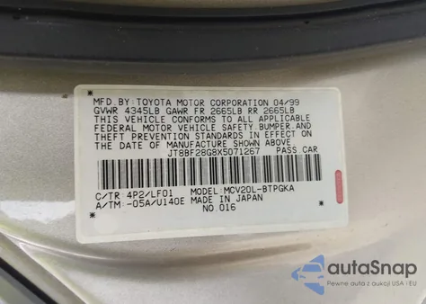 1999 Lexus Es 300 из США, поврежденный, VIN JT8BF28G8X5071267